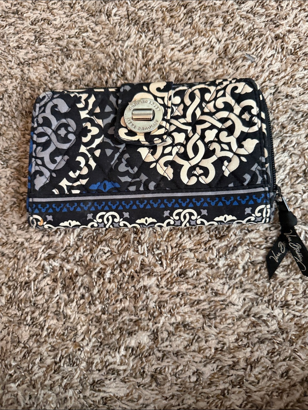 Vera Bradley Black and Blue Quilted Wallet with Blue Trim